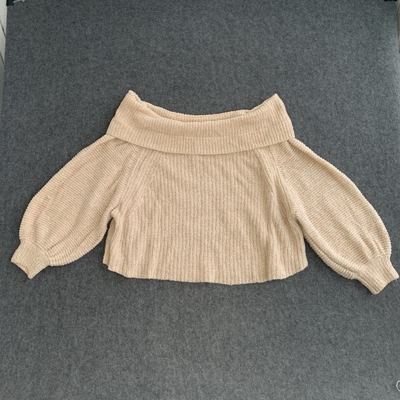 Free People Sweater Womens XS Pink Cropped Off Shoulder Bardot Balloon Sleeve - Picture 1 of 15